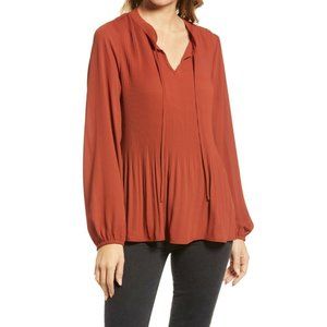 Chelsea28 Women's Pleated Tie Neck Blouse Long Sleeve Rust Brown